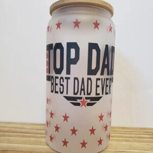 Top dad best dad ever frosted glass cup includes lid and plastic straw‎